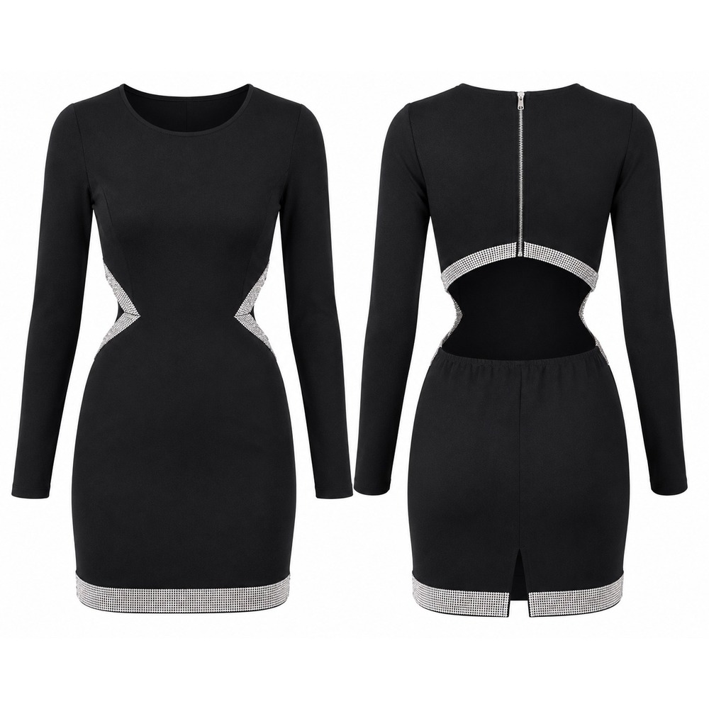 Trixxi Black Rhinestone‎ Cutout Bodycon Mini Dress Long Sleeve Size L NWT LBD